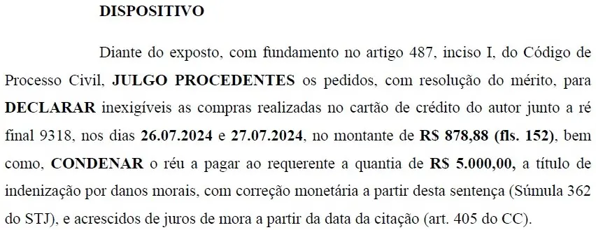 Decisão judicial cartão roubado